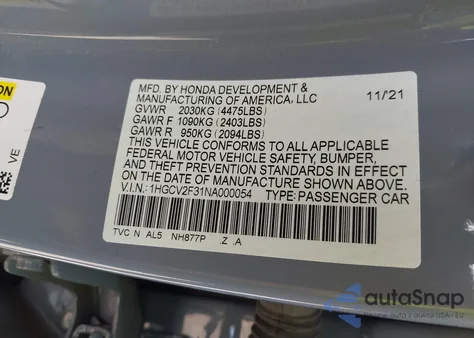 2022 Honda Accord Sport 2.0T из США, поврежденный, VIN 1HGCV2F31NA000054